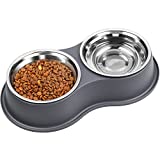 HIKEOUT Dog Bowl Double Dog Cat Bowl Premium Stainless Steel Water and Food Raised Bowls, Pet Feeder Bowls Set with Non-Slip Resin Station for Small Medium Dogs Cats（Grey
