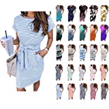 Spring Dresses for Women 2023, Lightning Deals of Today Summer Striped Short Sleeve T Shirt Dress Casual Tie Waist with Pockets Midi Beach Vacation Outfits Bodycon A Line Ladies Dresses 01_Blue L