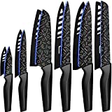 Astercook Knife Set, 12 Pcs Colorful Geometric Pattern Kitchen Knife Set, 6 Stainless Steel Kitchen Knives with 6 Blade Guards, Dishwasher Safe, Black