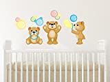 Teddy Bears Fabric Wall Decals, Set of Three Adorable Bears Blowing Bubbles, Repositionable and Reusable