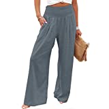 MINzYI Linen Pants for Women Wide Leg Casual Summer Elastic High Waisted Palazzo Pant Baggy Flowy Beach Trousers with Pocket