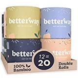 Betterway Bamboo Toilet Paper 3 PLY – Eco Friendly, Sustainable Toilet Tissue – 12 Double Rolls & 360 Sheets Per Roll – Septic Safe – Organic, Plastic Free, Compostable & Biodegradable – FSC Certified