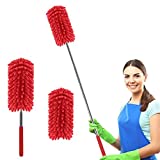 Microfiber Dusters for Cleaning Hand Washable Feather Duster, Extendable Pole, Detachable Cleaning Supplies with 2pcs Replaceable Microfiber Head, Household Cleaning for Window, Office, Car (Red)
