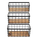 TIEYIPIN Farmhouse Decor Metal Wire Storage Baskets, Wood Base Containers Organizing Basket Caddy Bin for Kitchen Cabinets, Bathroom, Pantry, Garage, Laundry Room, Closets – Small – Black (Set of 3)