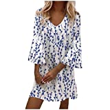 ZZWXWA Dress for Women Plus Size Flare 3/4 Sleeves Dress V-Neck Comfy Beach Dress Printing Holiday Short Dress Flowy Sundress Blue