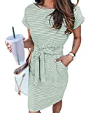 MEROKEETY Women’s Summer Striped Short Sleeve T Shirt Dress Casual Tie Waist Midi Dress Mint