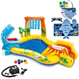 Aventis Kids Dinosaur Inflatable Play Center Fun in The Sun Water Pool Bundle with Matching Adorable Shark Hooded Towel, Stylish Beach Tote, Classic Sunglasses, & Electric Air Pump for Ages 3+