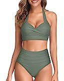 Tempt Me Women’s Vintage Swimsuits Olive Green Retro Halter Ruched High Waist Bikini with Bottom M