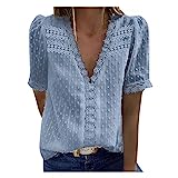 Womens Business Casual Tops 2023 Summer Lace Trim V Neck Shirt Dressy Short Sleeve Tunic Chiffon Elegant Blouses Tee Blue