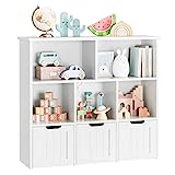 FOTOSOK Toy Storage Organizer with 3 Movable Drawers, Floor Storage Cabinet Toy Chest with Hidden Wheels and 5 Storage Cubbies, Multifunctional Storage Chest for Nursery, Playroom and Bedroom, White