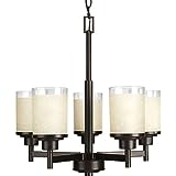 Alexa Collection 5-Light Etched Umber Linen with Clear Edge Glass Modern Chandelier Light Antique Bronze