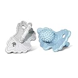 RaZbaby Soft Silicone Infant & Baby Teether, Berrybumps Textured Teething Relief Pacifier 3M+, Soothes Gums, Hands-Free & Easy-to-Hold Fruit-Shaped RaZberry Design, BPA Free, 2-Pack – Blue/Grey
